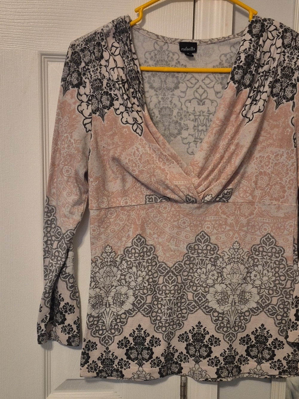 Rafaella Pink and Black Floral Draped V-Neck Long Sleeve Top